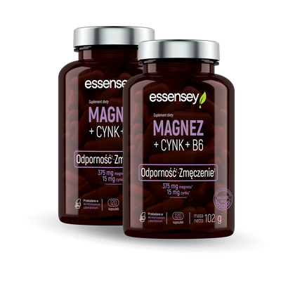 Essensey - Magnez + Cynk + B6 120kaps. + 120kaps. (2-ga szt. 40% Taniej) - Magnez + Cynk + B6 120kaps. + 120kaps. (20% Taniej)