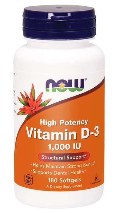 NOW Foods Vitamin D3 1000IU 180kaps. Zdjęcie główne